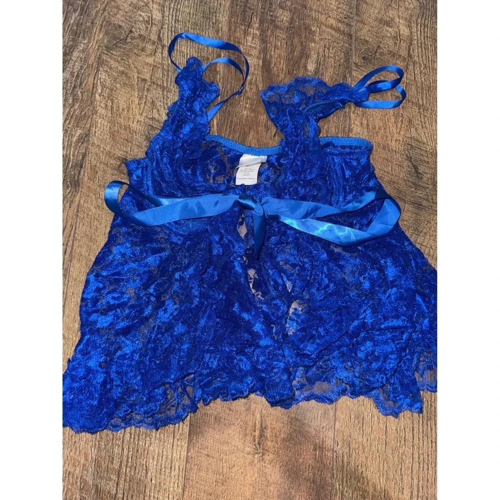 Coquette Y2K Blue Lace‎ Babydoll Lingerie Top Women Size S Floral Ribbon Tie